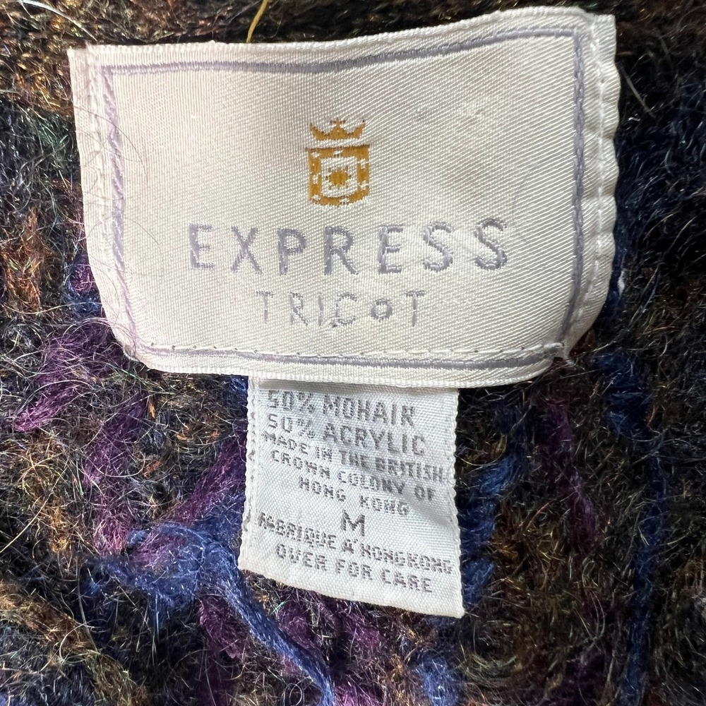 Vintage Express Tricot Womens Medium Mohair Blend Cardigan Floral Pom Pom Chunky - Picture 2 of 9